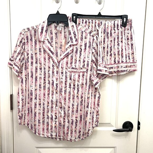 New Victoria's Secret Pajama 2 Pc Short Sleeve Button Top Shorts Small Stripe - Picture 4 of 15
